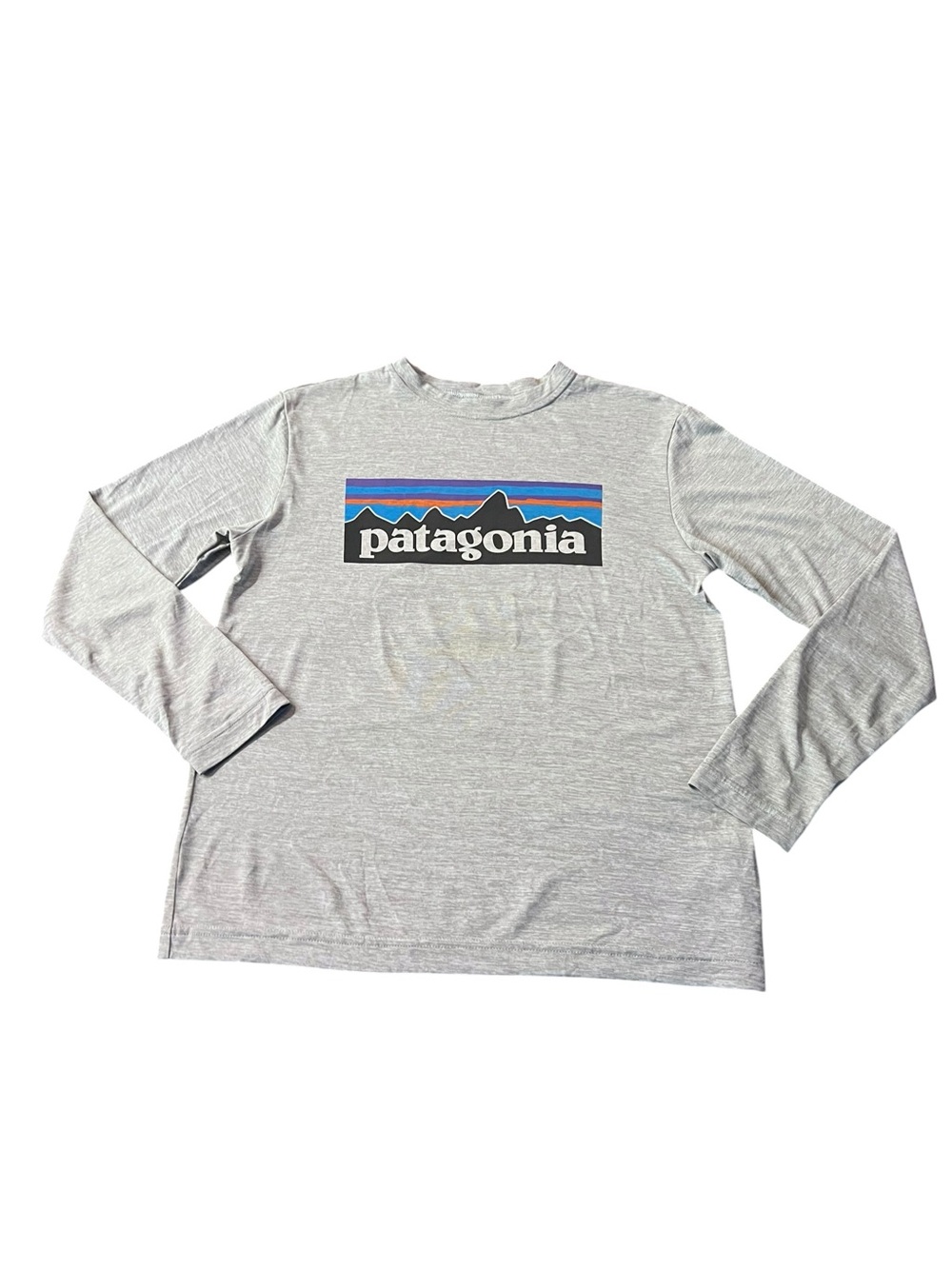 Patagonia Long-Sleeve Logo Tee - Light Gray with Blue Accent Boys Size 12